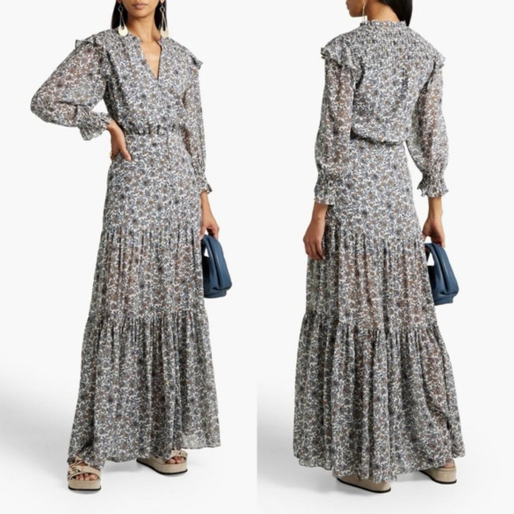 VERONICA BEARD Nitza Shirred Floral-Print Silk-Chiffon Maxi Dress Size 4
